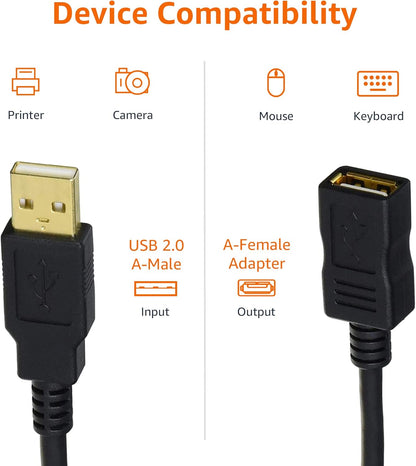 USB 2.0 Extension Cable - A-Male to A-Female Adapter Cord - 6.5 Feet (2 Meters)